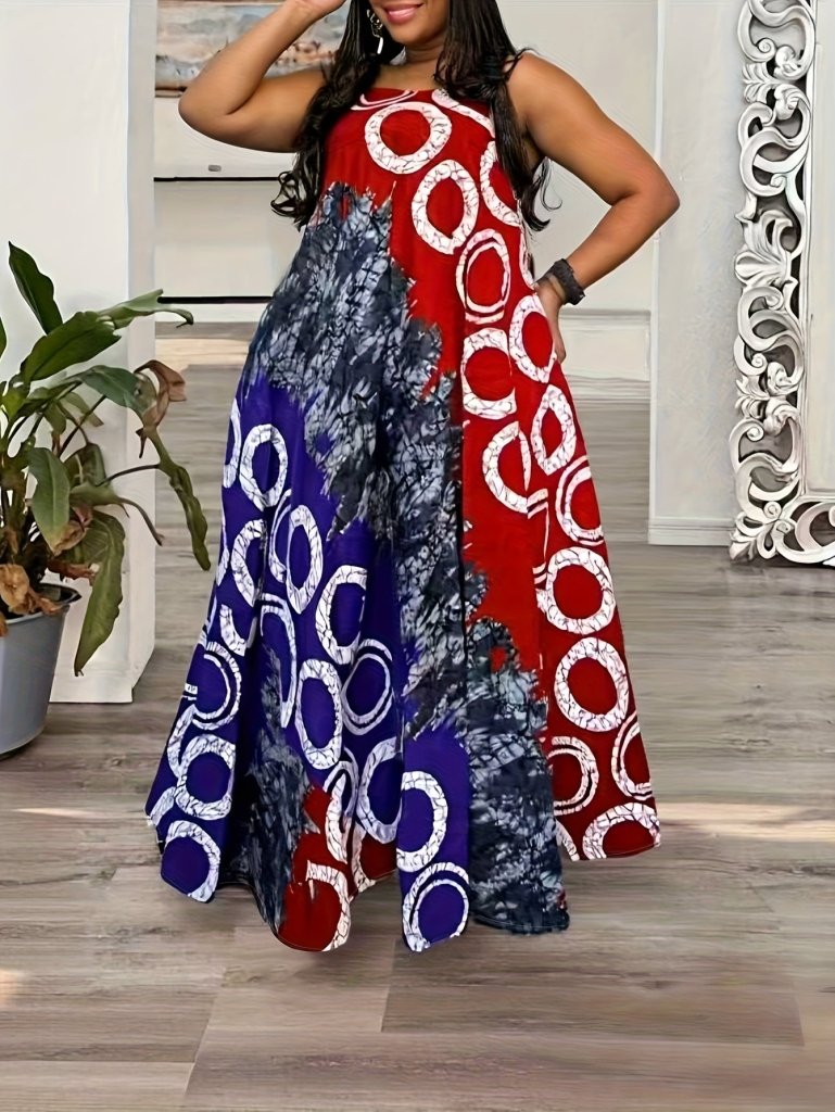 Plus Size Sleeveless African - Inspired Geometric Maxi Dress – Flowy A - Line Floor - Length Style - Free Delivery Worldwide only at Flexi Africa