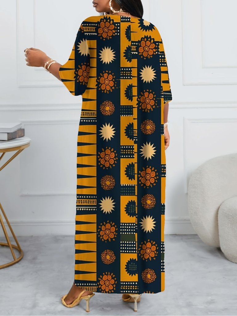 Plus Size V - Neck African Print Maxi Dress – Short Sleeve Design - Free Delivery Worldwide only at Flexi Africa