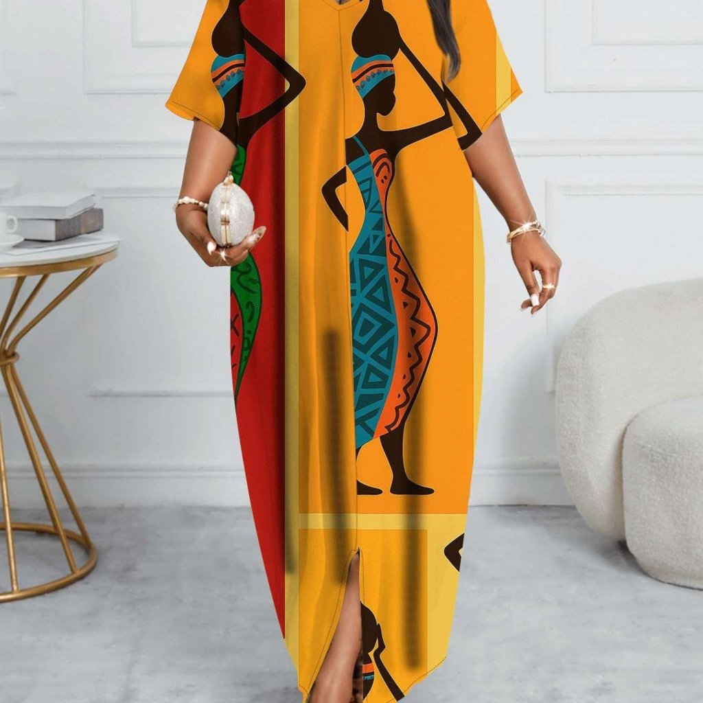 Plus Size, Women's African Tribal Dress - Boho Sheath Gown with African Motifs & Cultural Heritage Patterns, Fitted Round Neck Dress - Free Delivery Worldwide only at Flexi Africa