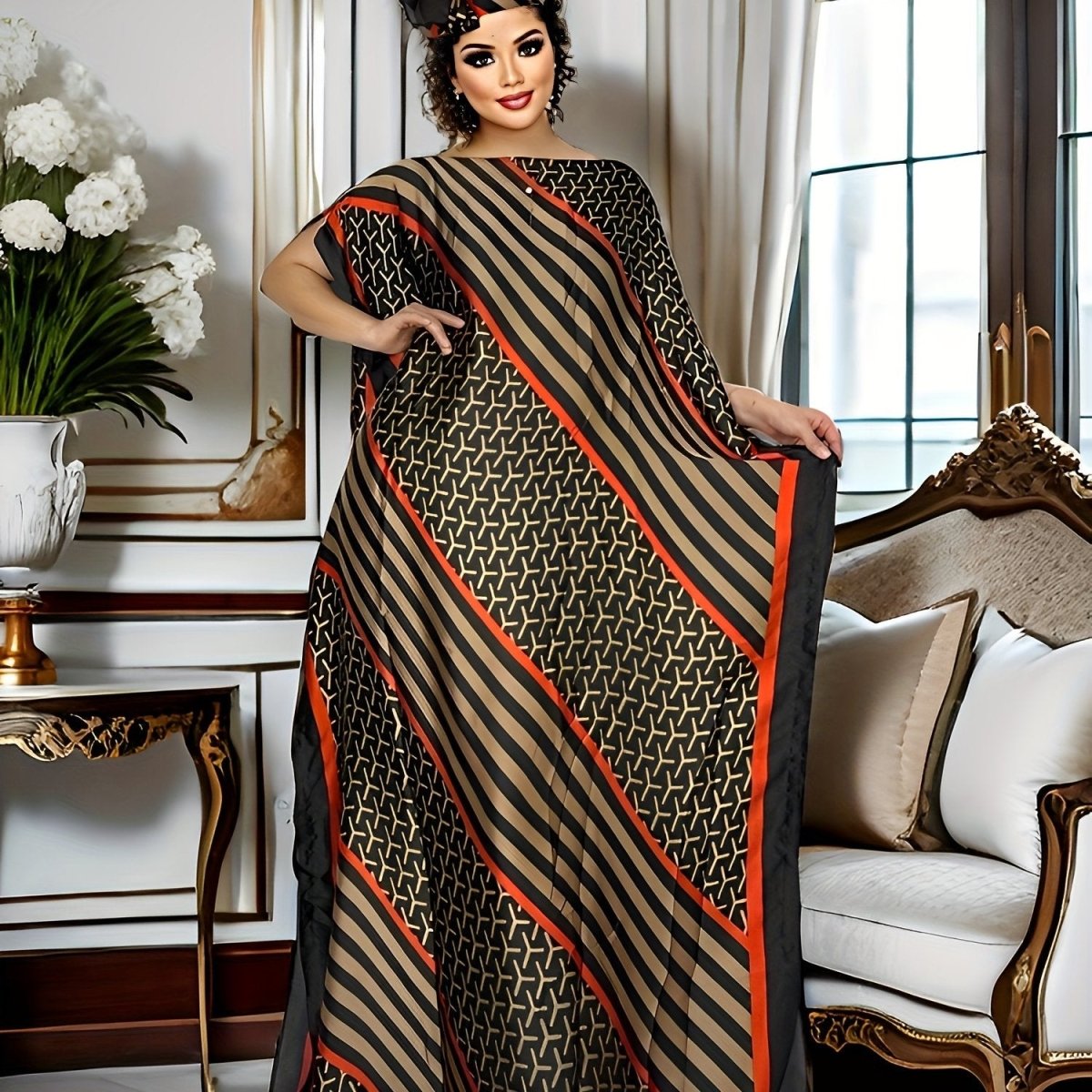 Plus Size Women's Colorblock Geometric Print Maxi Kaftan – Batwing Sleeve, Round Neck, Modest Dress - Free Delivery Worldwide only at Flexi Africa