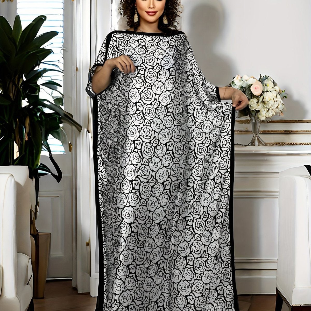 Plus Size Women's Colorblock Geometric Print Maxi Kaftan – Batwing Sleeve, Round Neck, Modest Dress - Free Delivery Worldwide only at Flexi Africa