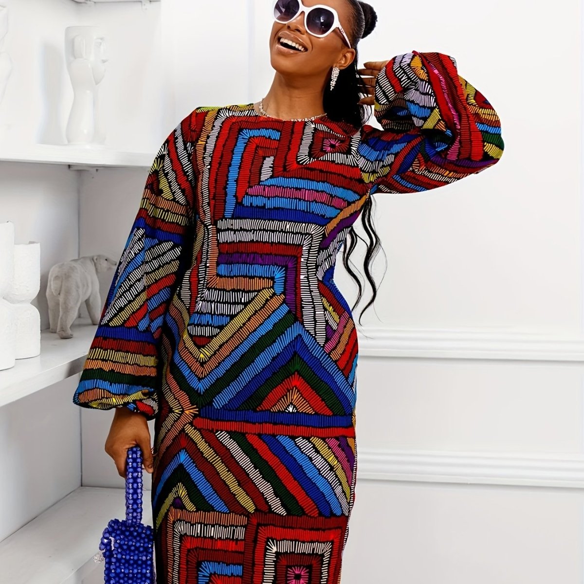 Plus Size Women's Colorful Geometric Print Dress - Casual Long Sleeve, Round Neck, 100% Polyester - Free Delivery Worldwide only at Flexi Africa