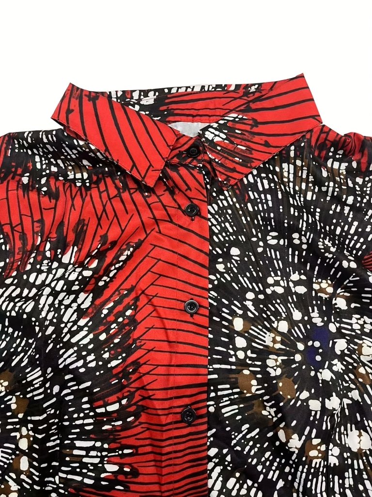 Plus Size Women’s Long - Sleeve A - Line Dress – Large Lapel, Full - Body Print & Belted Waist - Free Delivery Worldwide only at Flexi Africa