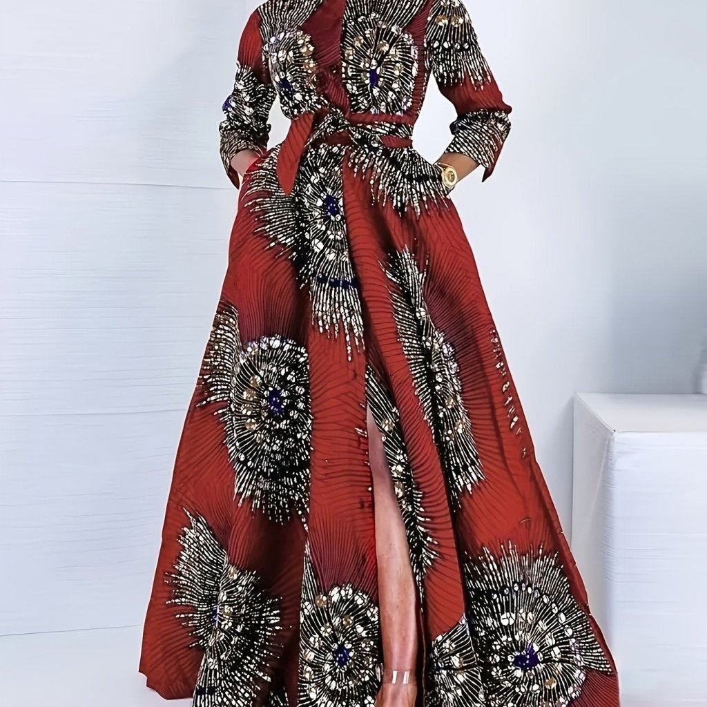 Plus Size Women’s Long - Sleeve A - Line Dress – Large Lapel, Full - Body Print & Belted Waist - Free Delivery Worldwide only at Flexi Africa