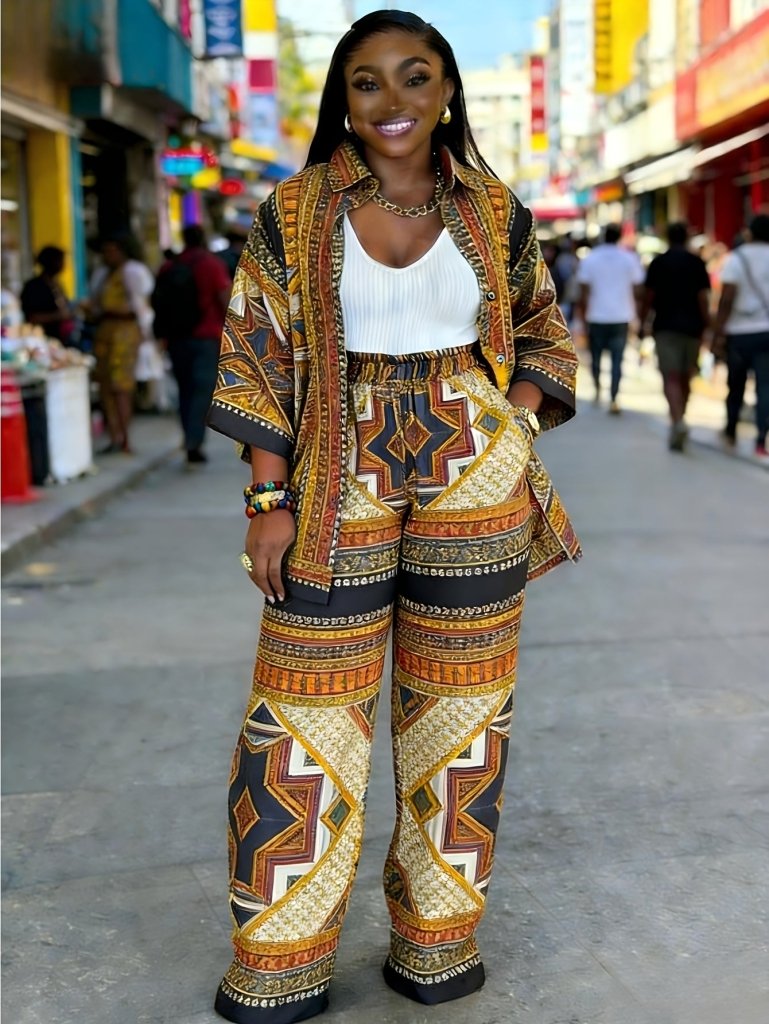 Plus Size Women’s Printed Suit Set (XL–8XL) – Casual Long Sleeve 2PC Outfit - Free Delivery Worldwide only at Flexi Africa