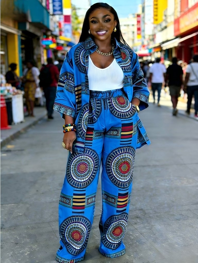 Plus Size Women’s Printed Suit Set (XL–8XL) – Casual Long Sleeve Top & Pants Outfit, Soft Stretch Fabric - Free Delivery Worldwide only at Flexi Africa