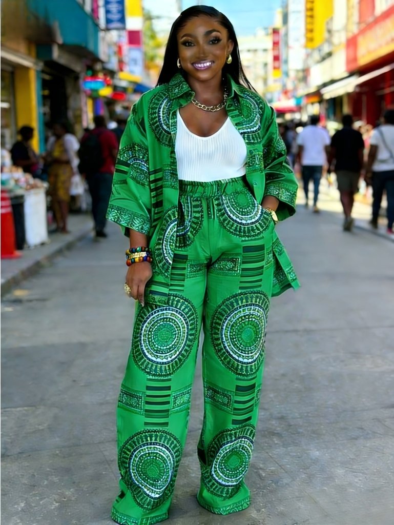 Plus Size Women’s Printed Suit Set (XL–8XL) – Casual Long Sleeve Top & Pants Outfit, Soft Stretch Fabric - Free Delivery Worldwide only at Flexi Africa