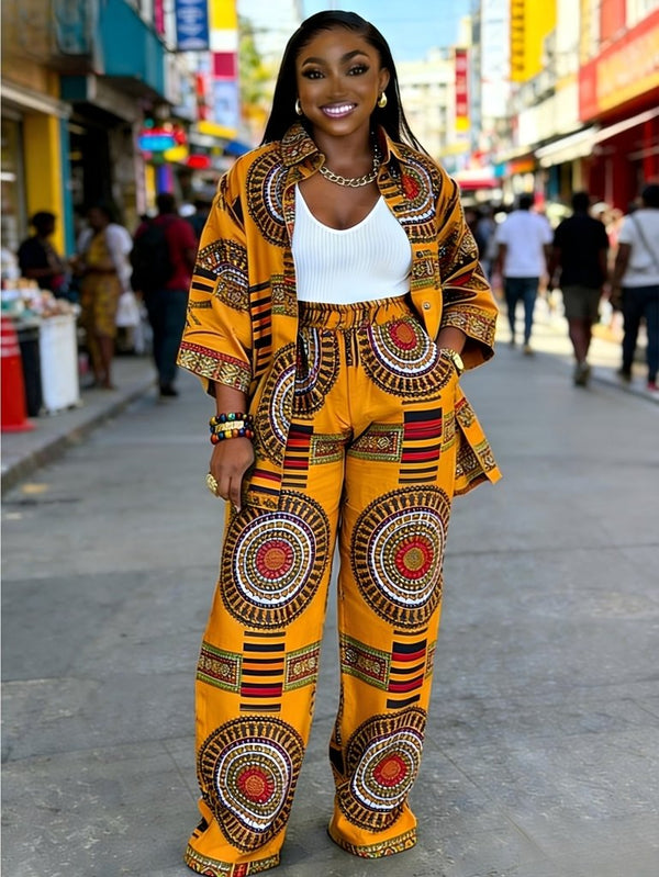 Plus Size Women’s Printed Suit Set (XL–8XL) – Casual Long Sleeve Top & Pants Outfit, Soft Stretch Fabric - Free Delivery Worldwide only at Flexi Africa