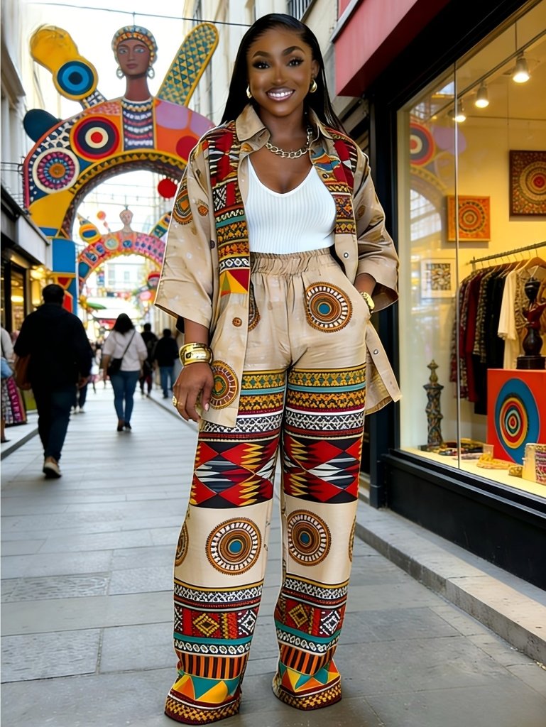 Plus Size Women’s Printed Suit Set (XL–8XL) – Fashionable Long Sleeve Casual Top & Pants Outfit - Free Delivery Worldwide only at Flexi Africa