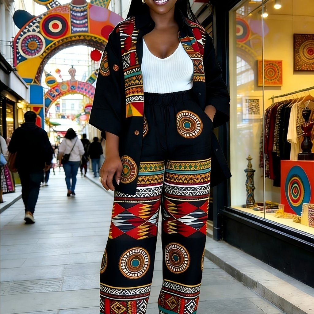 Plus Size Women’s Printed Suit Set (XL–8XL) – Fashionable Long Sleeve Casual Top & Pants Outfit - Free Delivery Worldwide only at Flexi Africa