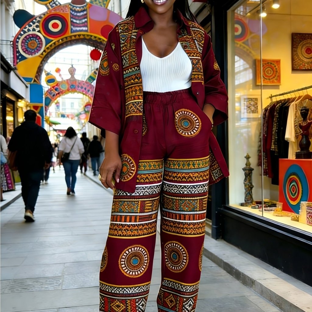 Plus Size Women’s Printed Suit Set (XL–8XL) – Fashionable Long Sleeve Casual Top & Pants Outfit - Free Delivery Worldwide only at Flexi Africa