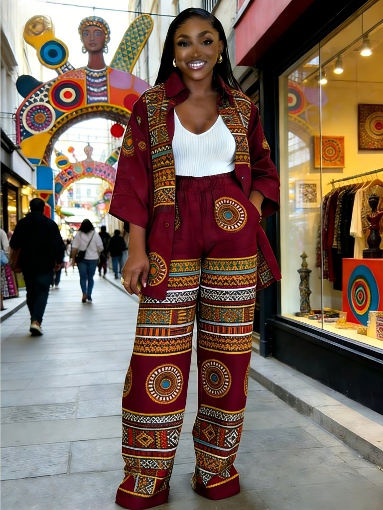 Plus Size Women’s Printed Suit Set (XL–8XL) – Fashionable Long Sleeve Casual Top & Pants Outfit - Free Delivery Worldwide only at Flexi Africa