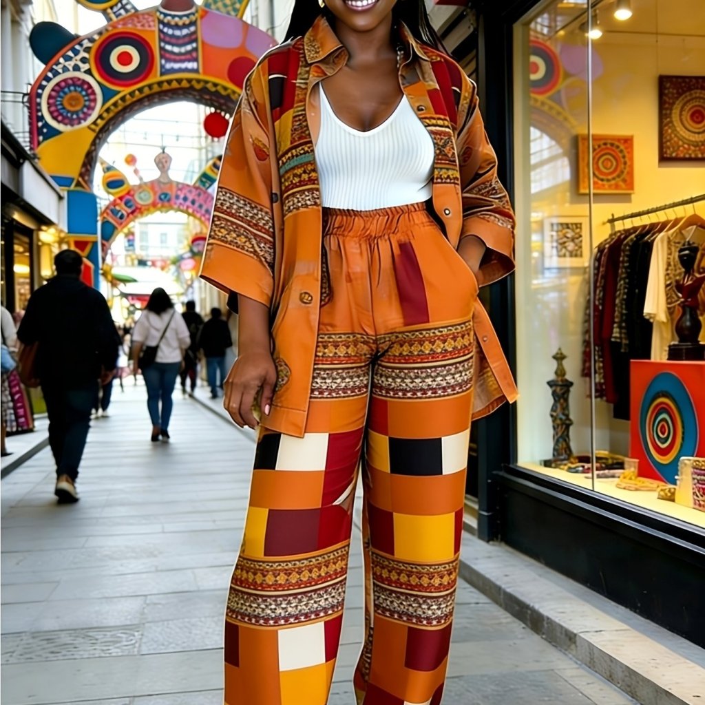 Plus Size Women’s Printed Suit Set (XL–8XL) – Fashionable Long Sleeve Casual Top & Pants Outfit - Free Delivery Worldwide only at Flexi Africa