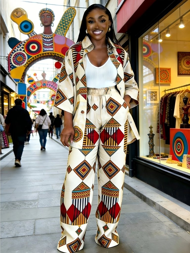 Plus Size Women’s Printed Suit Set (XL–8XL) – Fashionable Long Sleeve Casual Top & Pants Outfit - Free Delivery Worldwide only at Flexi Africa