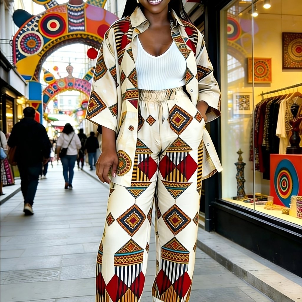 Plus Size Women’s Printed Suit Set (XL–8XL) – Fashionable Long Sleeve Casual Top & Pants Outfit - Free Delivery Worldwide only at Flexi Africa