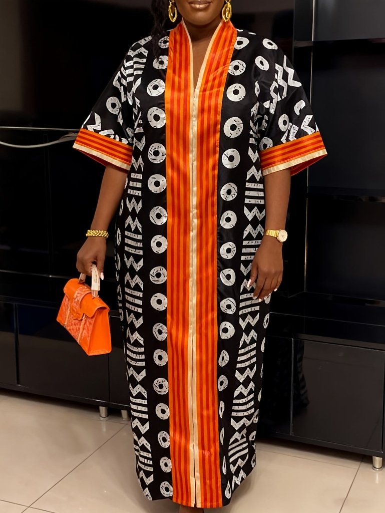 Buy Plus Size Women’s V-Neck Maxi Dress – Bold Letter Print & Orange Geometric Pattern for only $35.48 at Flexi Africa!
