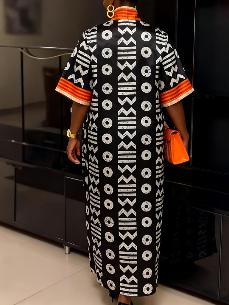 Buy Plus Size Women’s V-Neck Maxi Dress – Bold Letter Print & Orange Geometric Pattern for only $35.48 at Flexi Africa!