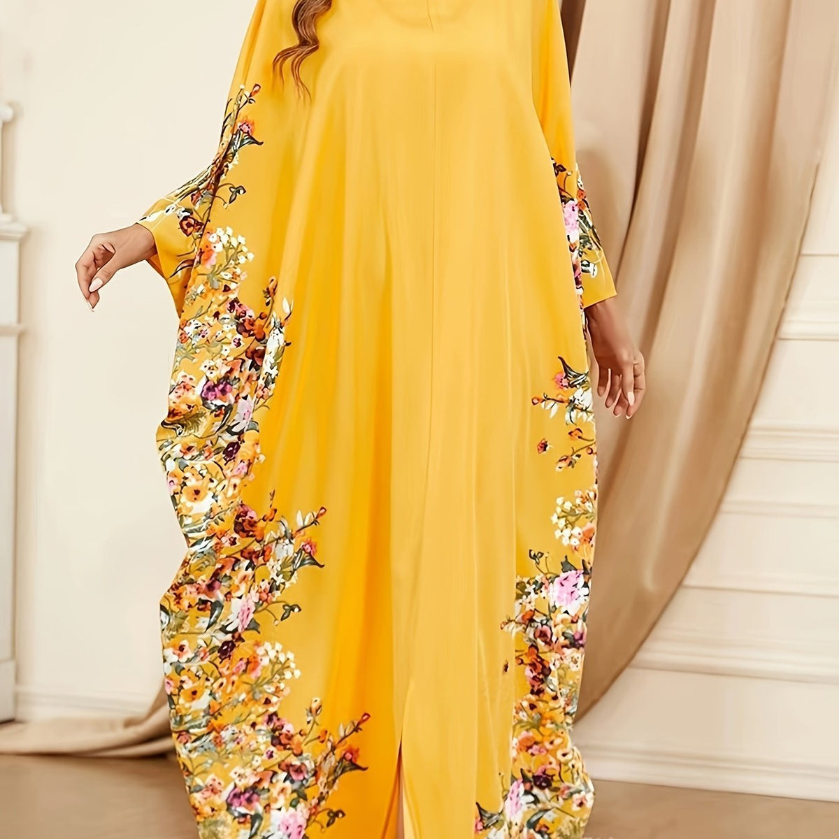 Ramadan Floral Print Crew Neck Kaftan, Elegant Batwing Sleeve Split Maxi Dress - Free Delivery Worldwide only at Flexi Africa