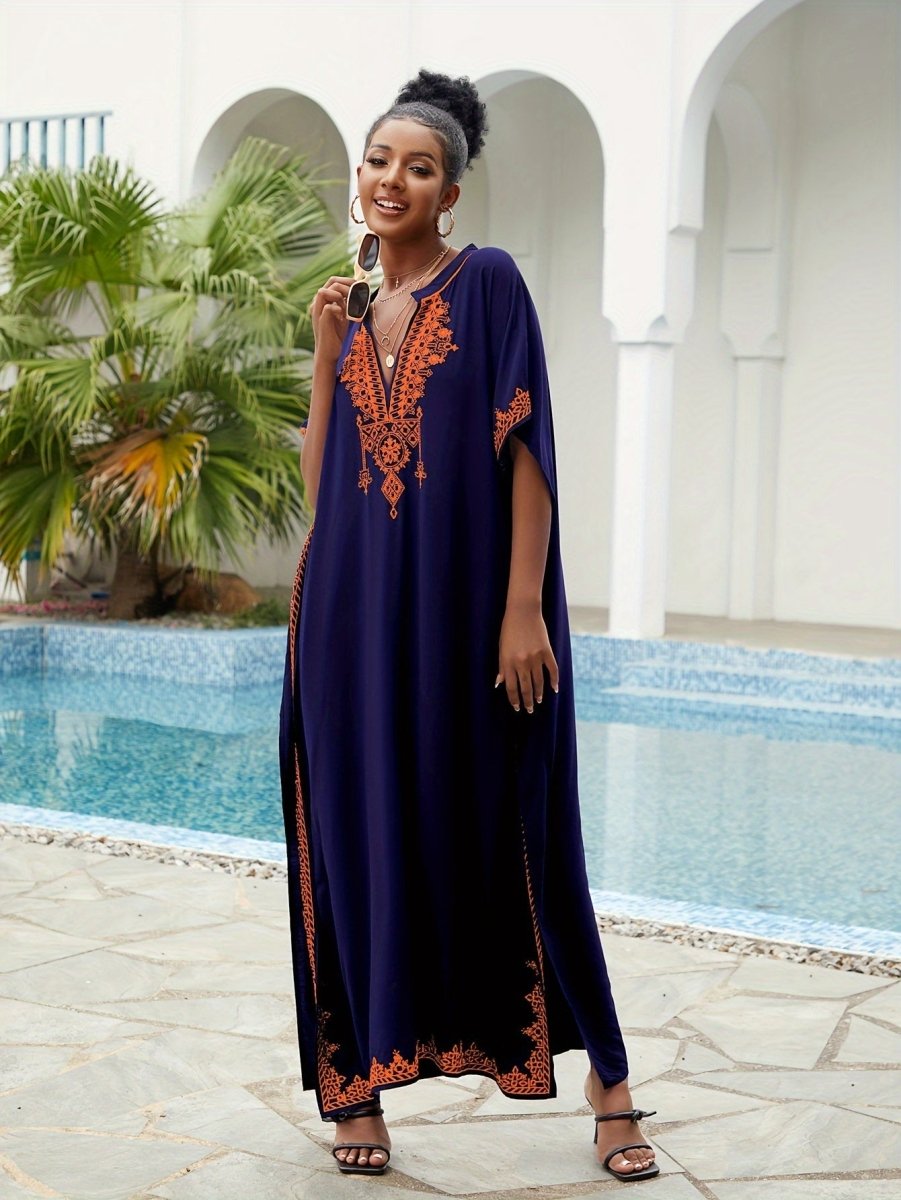 Ramadan Plus Size Boho Kaftan Dress - Golden Embroidered Sleeve Notched Neck Maxi Cover Up Dress - Free Delivery Worldwide