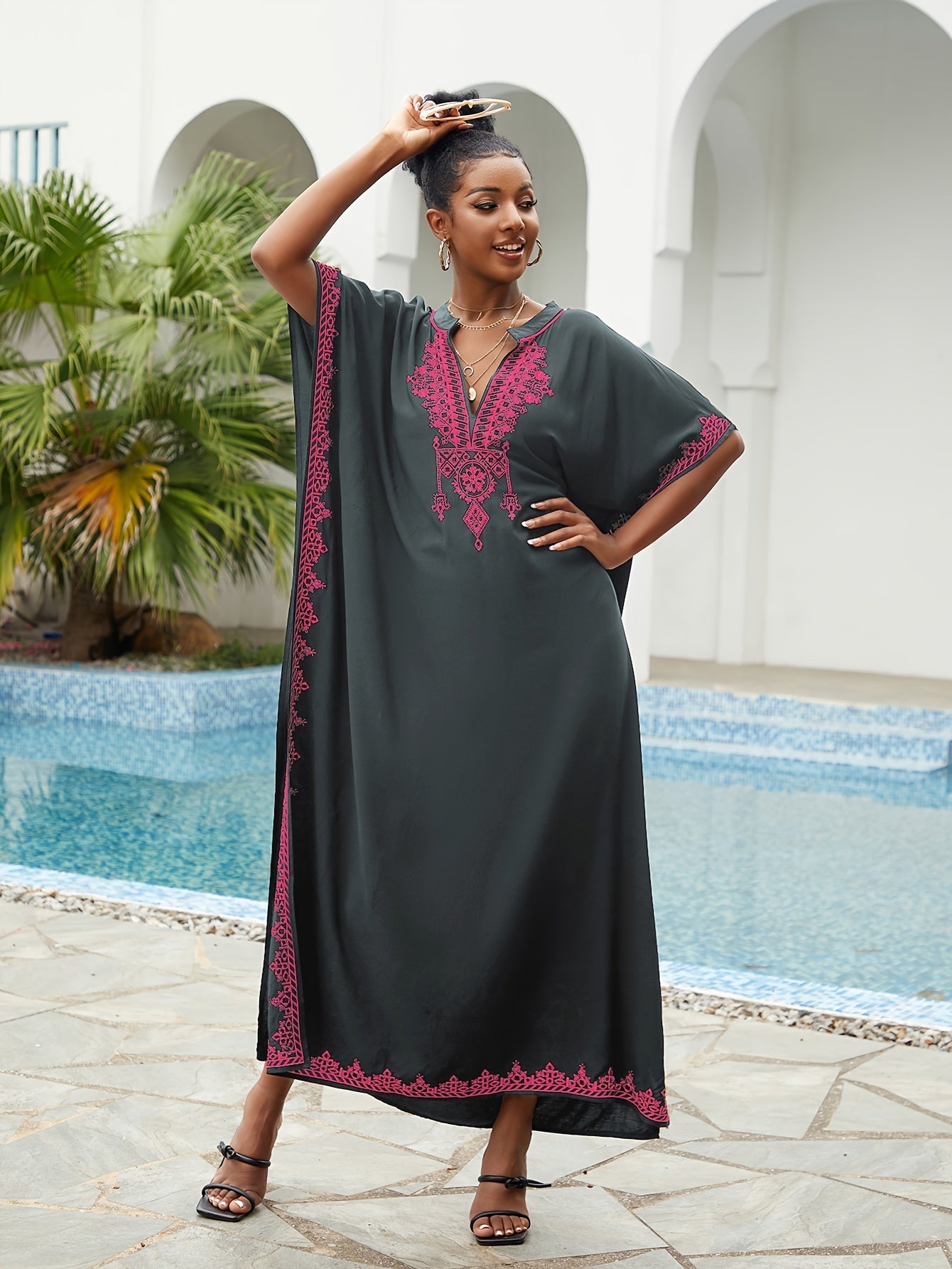 Ramadan Plus Size Boho Kaftan Dress - Golden Embroidered Bat Sleeve Notched Neck Maxi Cover Up Dress - Free Delivery Worldwide only at Flexi Africa