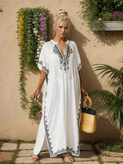 Ramadan Plus Size Boho Kaftan Dress - Golden Embroidered Bat Sleeve Notched Neck Maxi Cover Up Dress - Free Delivery Worldwide only at Flexi Africa