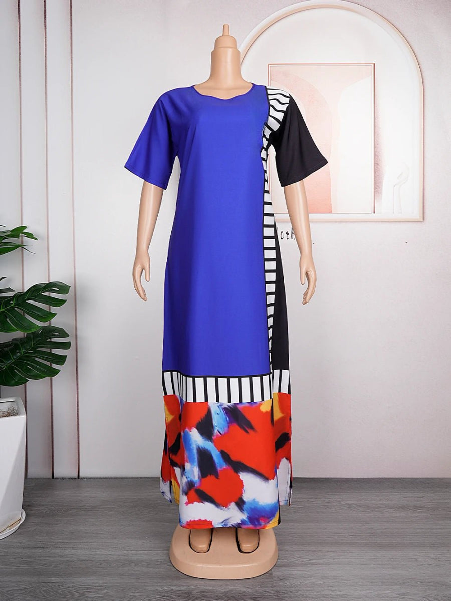 Refined African Dresses: Muslim Fashion Maxi Dress with Short Sleeves, Loose Fit, Dashiki Print - Free Delivery Worldwide