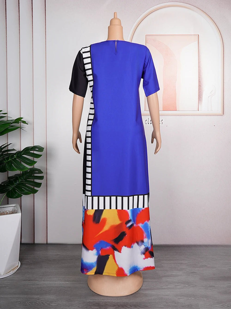 Refined African Dresses: Muslim Fashion Maxi Dress with Short Sleeves, Loose Fit, Dashiki Print - Free Delivery Worldwide