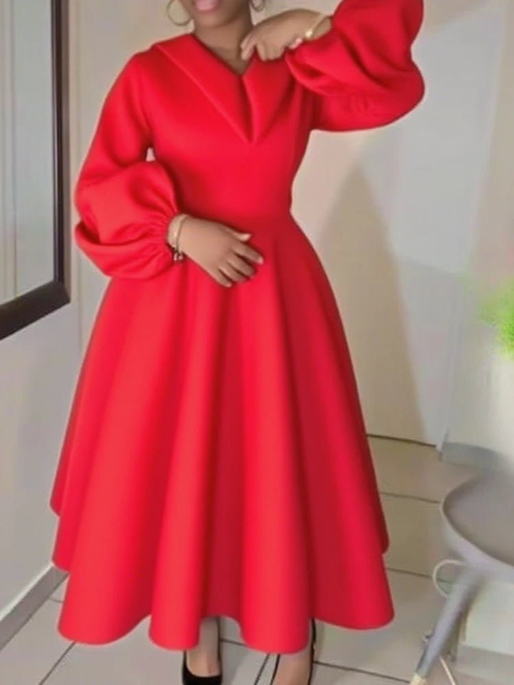 Stylish African Women’s Church Dress – A - Line Fit, Lantern Sleeves & Turn - Down Collar - Free Delivery Worldwide only at Flexi Africa