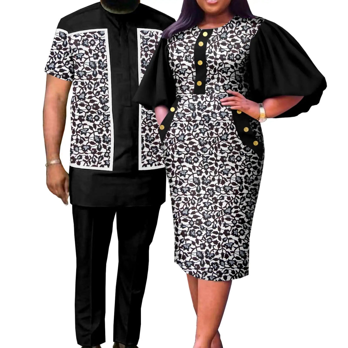 Summer African Couple Outfit – Puff Sleeve Dress for Women with Matching Men’s Bazin Riche Suit - Free Delivery Worldwide only at Flexi Africa