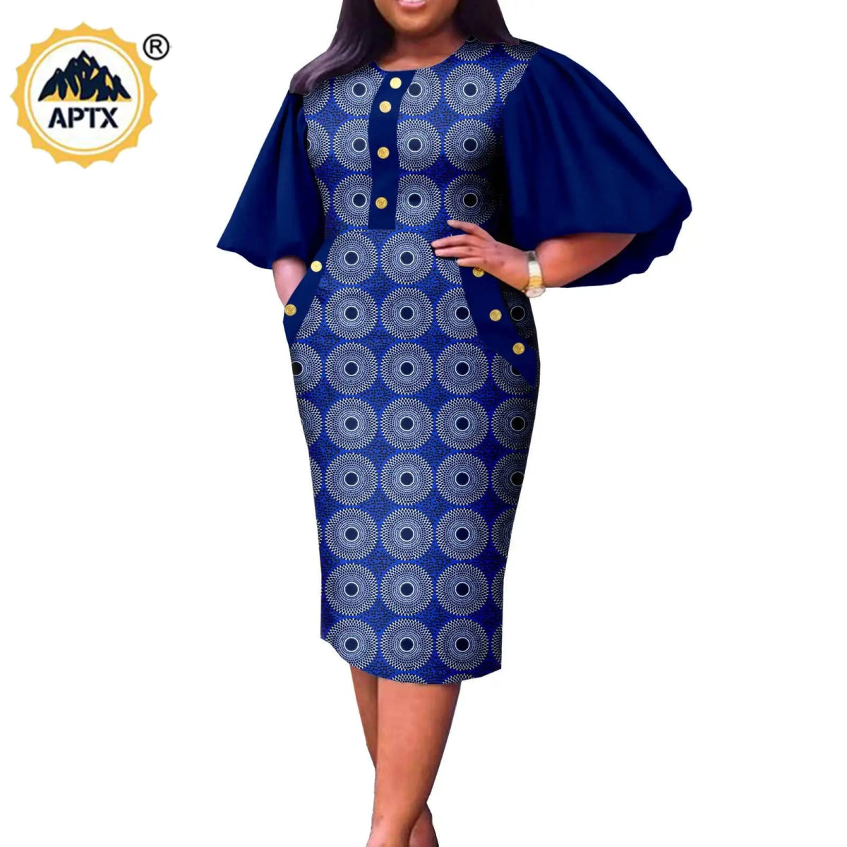 Summer African Couple Outfit – Puff Sleeve Dress for Women with Matching Men’s Bazin Riche Suit - Free Delivery Worldwide only at Flexi Africa