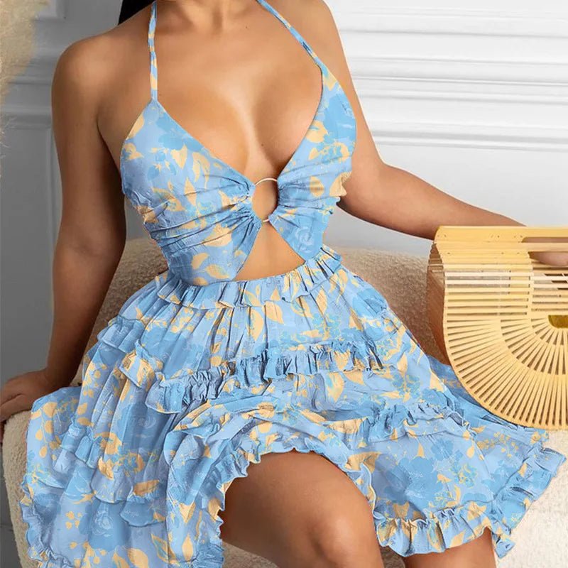 Summer Boho Halter Neck Backless Ruffle Swing Beach Dress for Women - Free Delivery Worldwide only at Flexi Africa