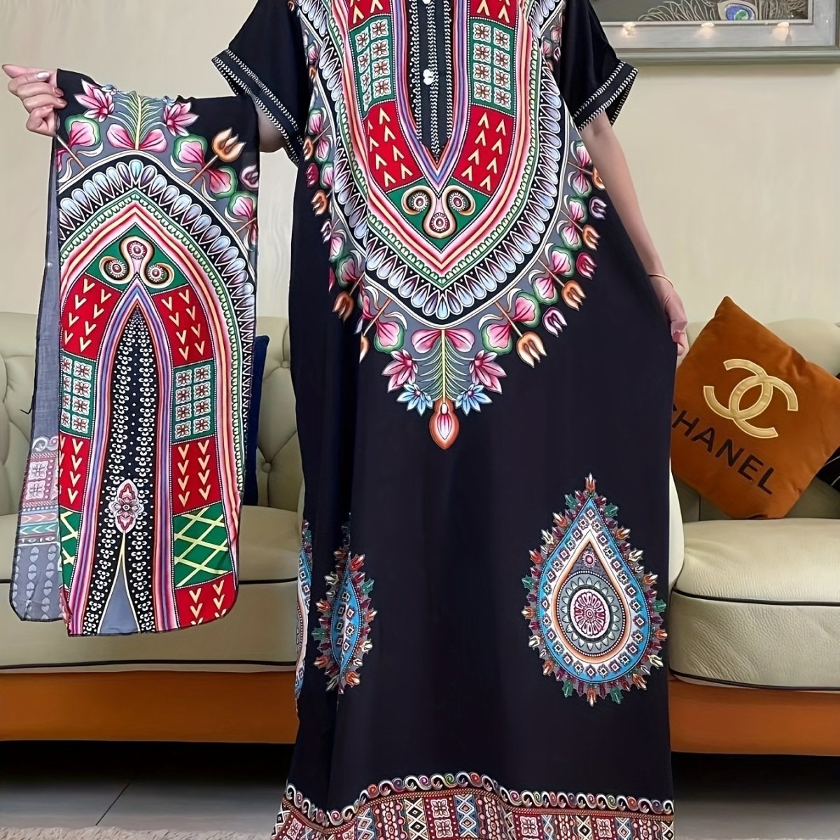 Vibrant Middle Eastern African Kaftan Dress - Colorful Rayon Tribal Long Gown with Short Sleeves, Loose Fit for All Seasons, Handwash/Dry Clean - Elegant Casual Wear - Free Delivery Worldwide only at Flexi Africa