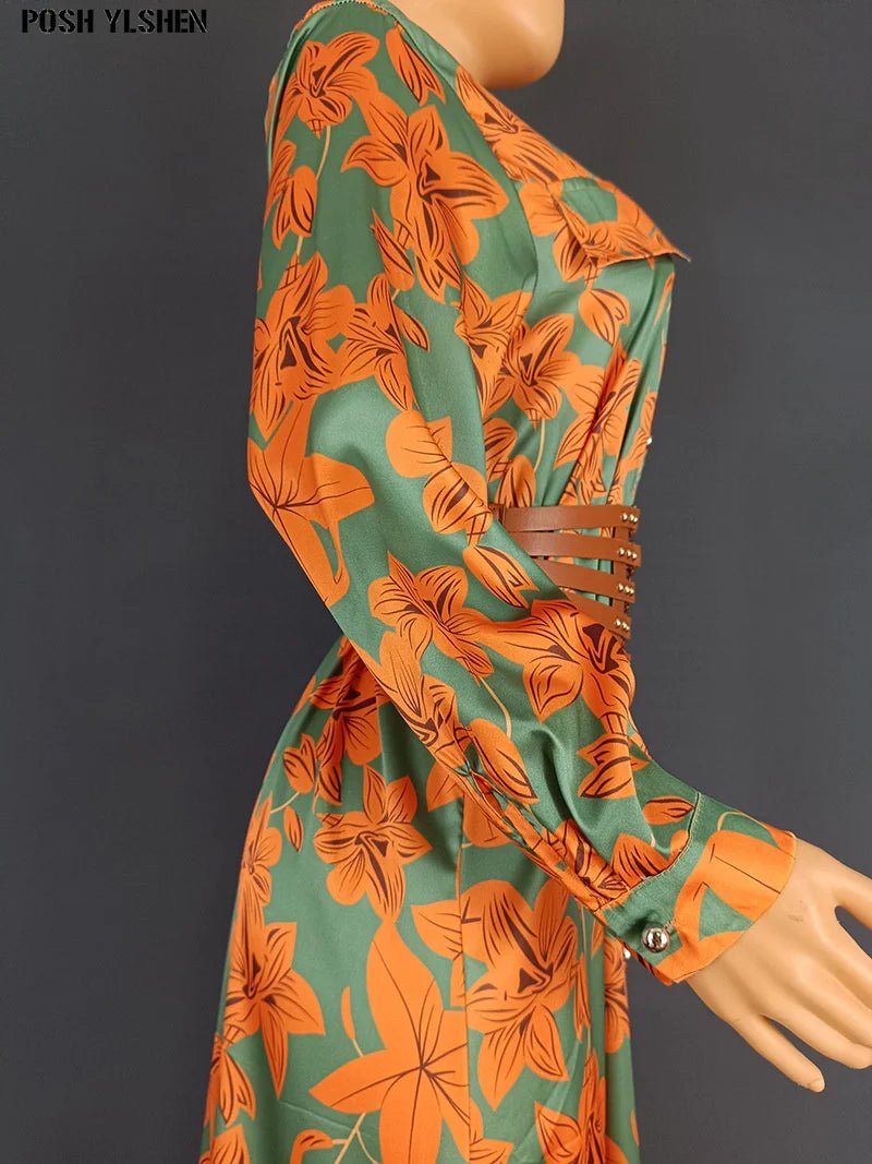 Wide Belt African Long Dresses for Women 2023 Traditional Nigeria Flower Print Caftan Dress Abaya Musulman Robe Femme Clothes - Free Delivery Worldwide only at Flexi Africa