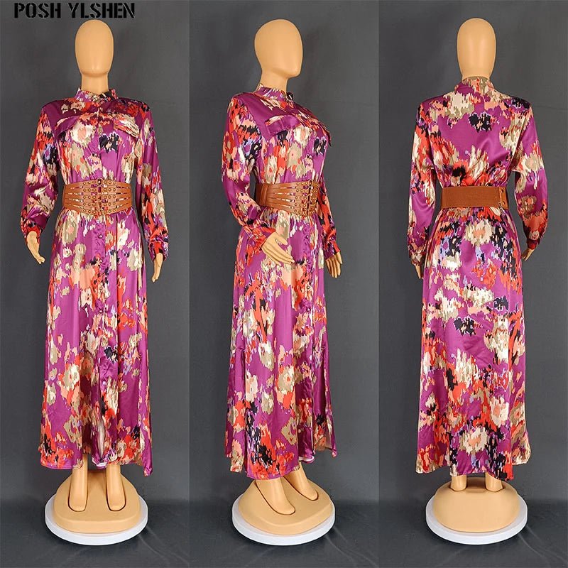 Wide Belt African Long Dresses for Women 2023 Traditional Nigeria Flower Print Caftan Dress Abaya Musulman Robe Femme Clothes - Free Delivery Worldwide only at Flexi Africa