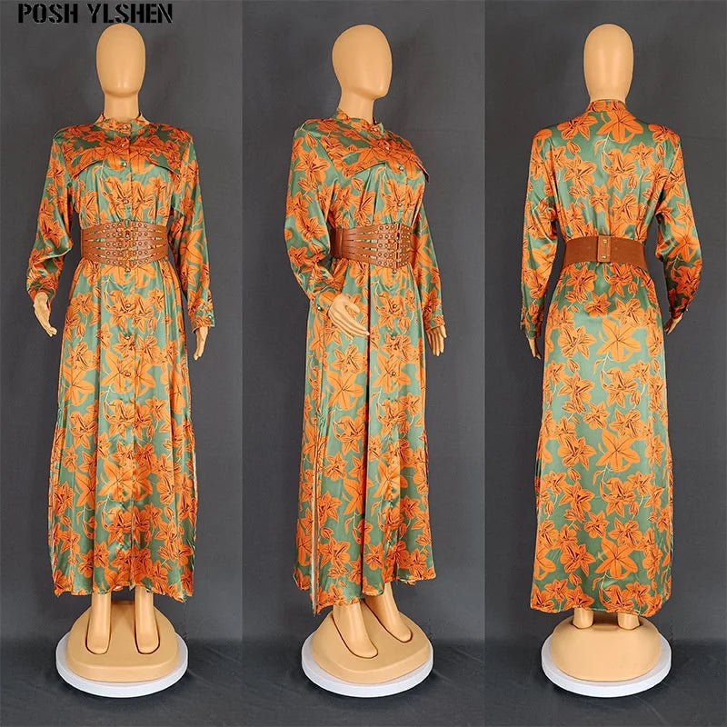 Wide Belt African Long Dresses for Women 2023 Traditional Nigeria Flower Print Caftan Dress Abaya Musulman Robe Femme Clothes - Free Delivery Worldwide only at Flexi Africa