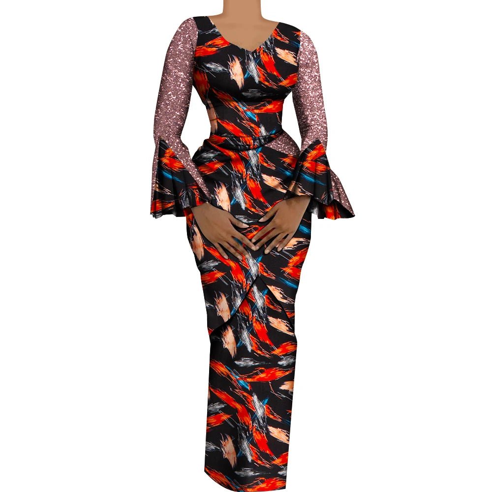 Women's African Outfits 2 Pieces Set Shiny Flare Sleeves V Neck Tops and Long Pencil Skirts African Clothes for Women