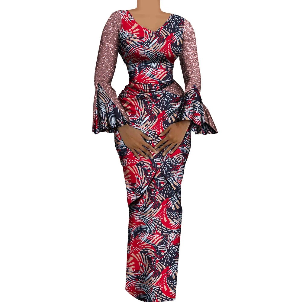 Women African Outfits 2 Pieces Set Shiny Flare Sleeves V Neck Tops and Long Pencil Skirts African Clothes for Women WY9972 - Free Delivery Worldwide only at Flexi Africa