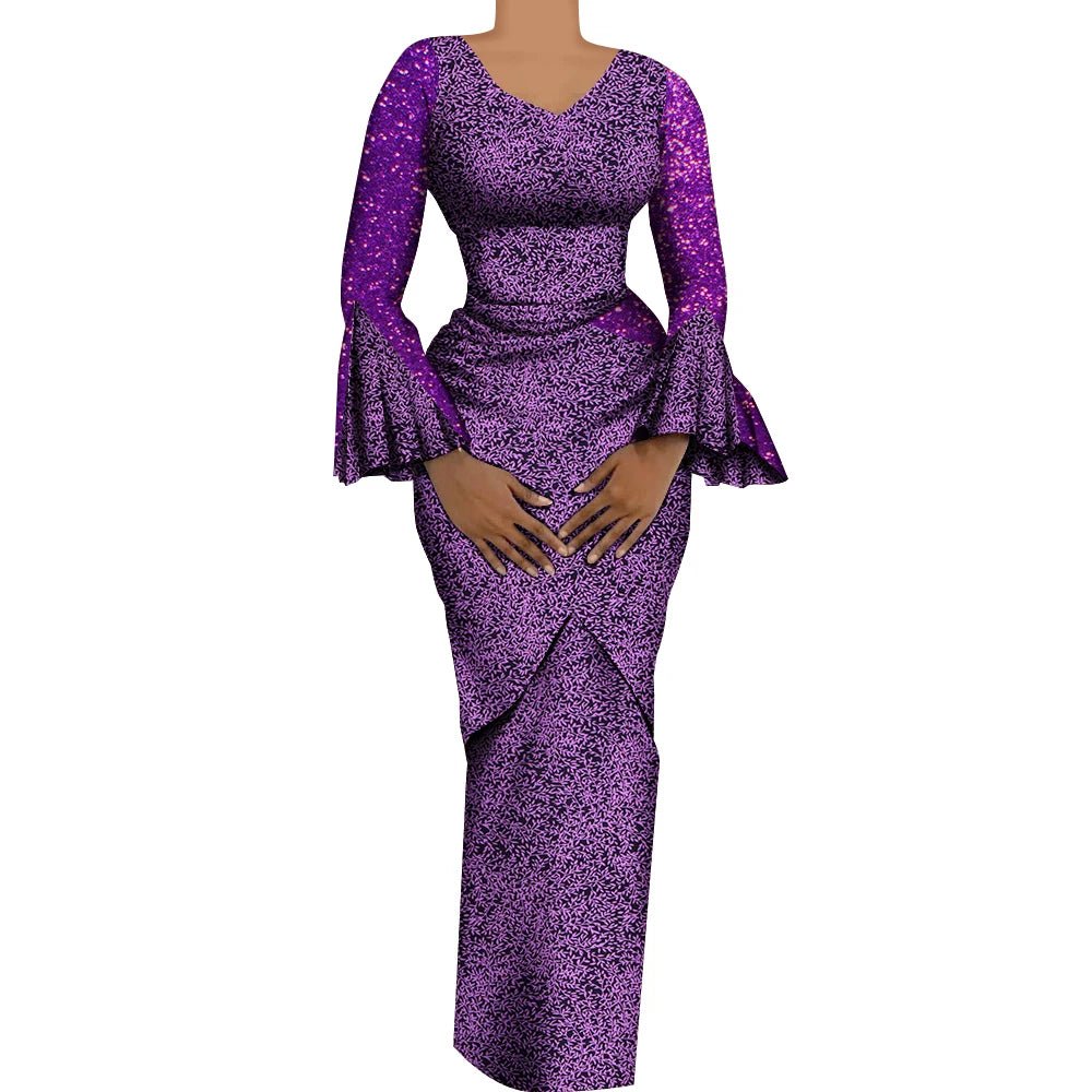 Women African Outfits 2 Pieces Set Shiny Flare Sleeves V Neck Tops and Long Pencil Skirts African Clothes for Women WY9972 - Free Delivery Worldwide only at Flexi Africa