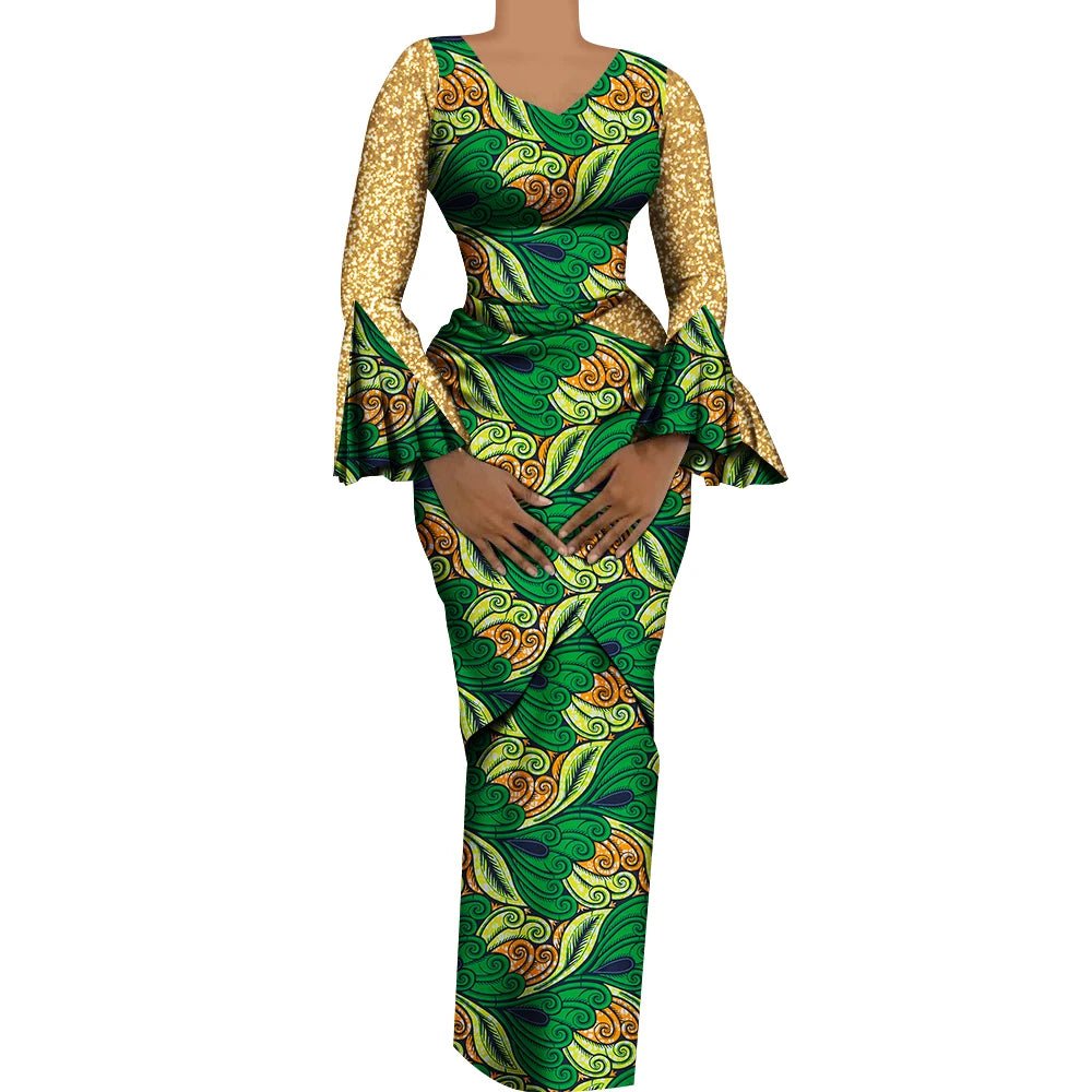 Women African Outfits 2 Pieces Set Shiny Flare Sleeves V Neck Tops and Long Pencil Skirts African Clothes for Women WY9972 - Free Delivery Worldwide only at Flexi Africa