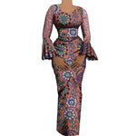 Women's African Outfits 2 Pieces Set Shiny Flare Sleeves V Neck Tops and Long Pencil Skirts African Clothes for Women