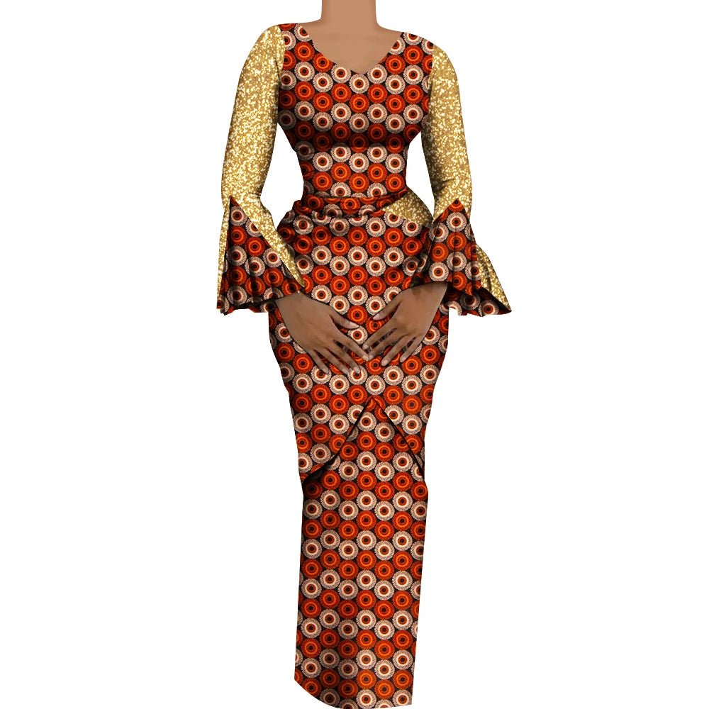Women's African Outfits 2 Pieces Set Shiny Flare Sleeves V Neck Tops and Long Pencil Skirts African Clothes for Women
