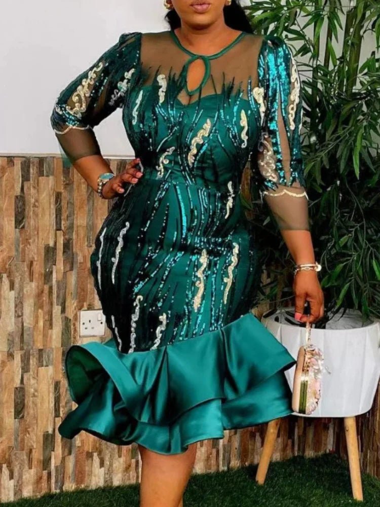 Women Party Dresses Mesh Sequined African Celebrate Sheath Three Quarter Sleeves Evening Princess Dress - Free Delivery Worldwide only at Flexi Africa