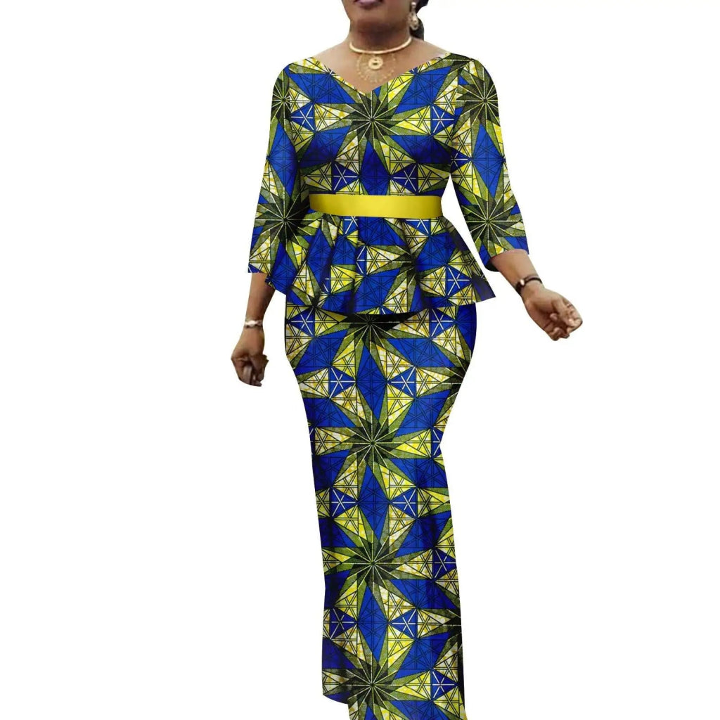 Women’s African Ankara 2PC Set Crop Top Maxi Skirt Belted Traditional Outfit - Free Delivery Worldwide only at Flexi Africa