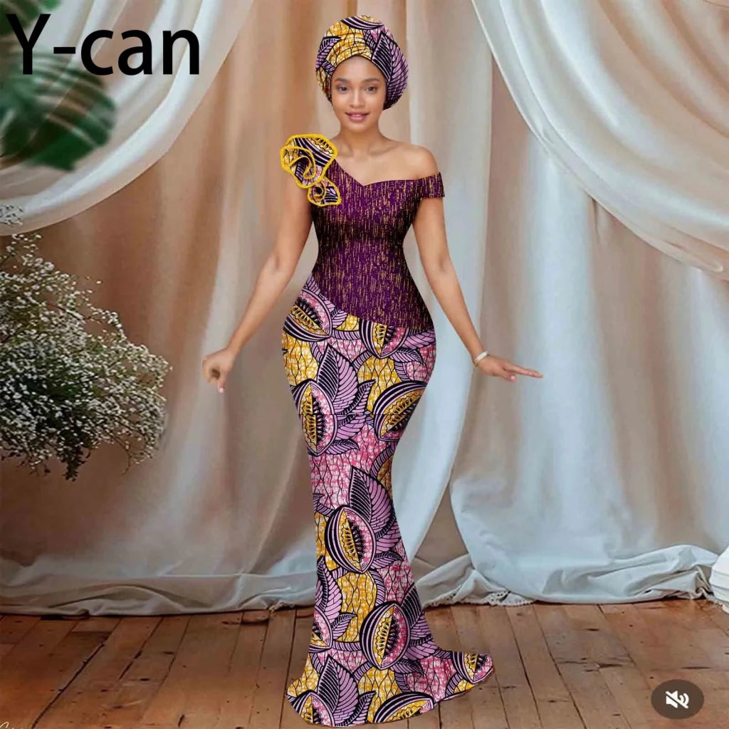 Buy Women’s African Ankara Floral Gown – One-Shoulder Sexy Dress with Matching Headscarf for only $77.22 at Flexi Africa!