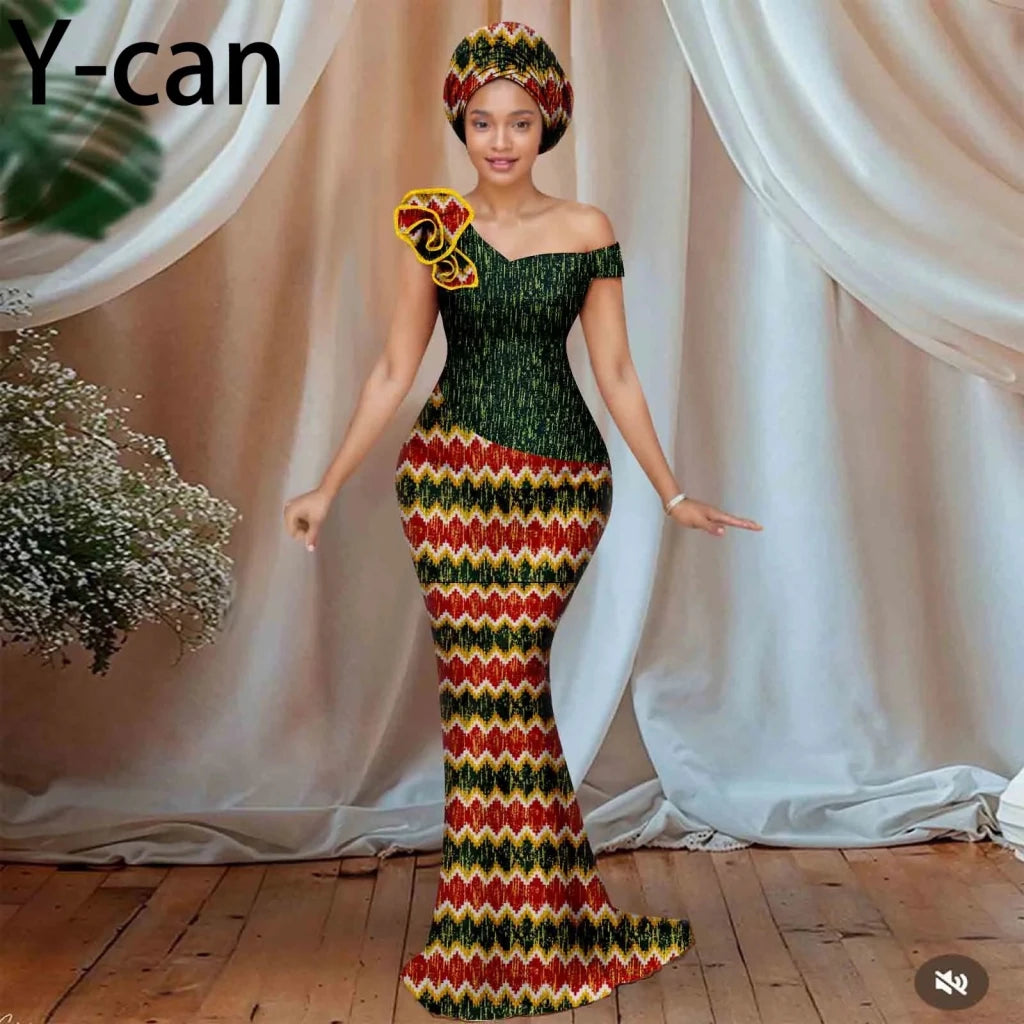 Buy Women’s African Ankara Floral Gown – One-Shoulder Sexy Dress with Matching Headscarf for only $77.22 at Flexi Africa!