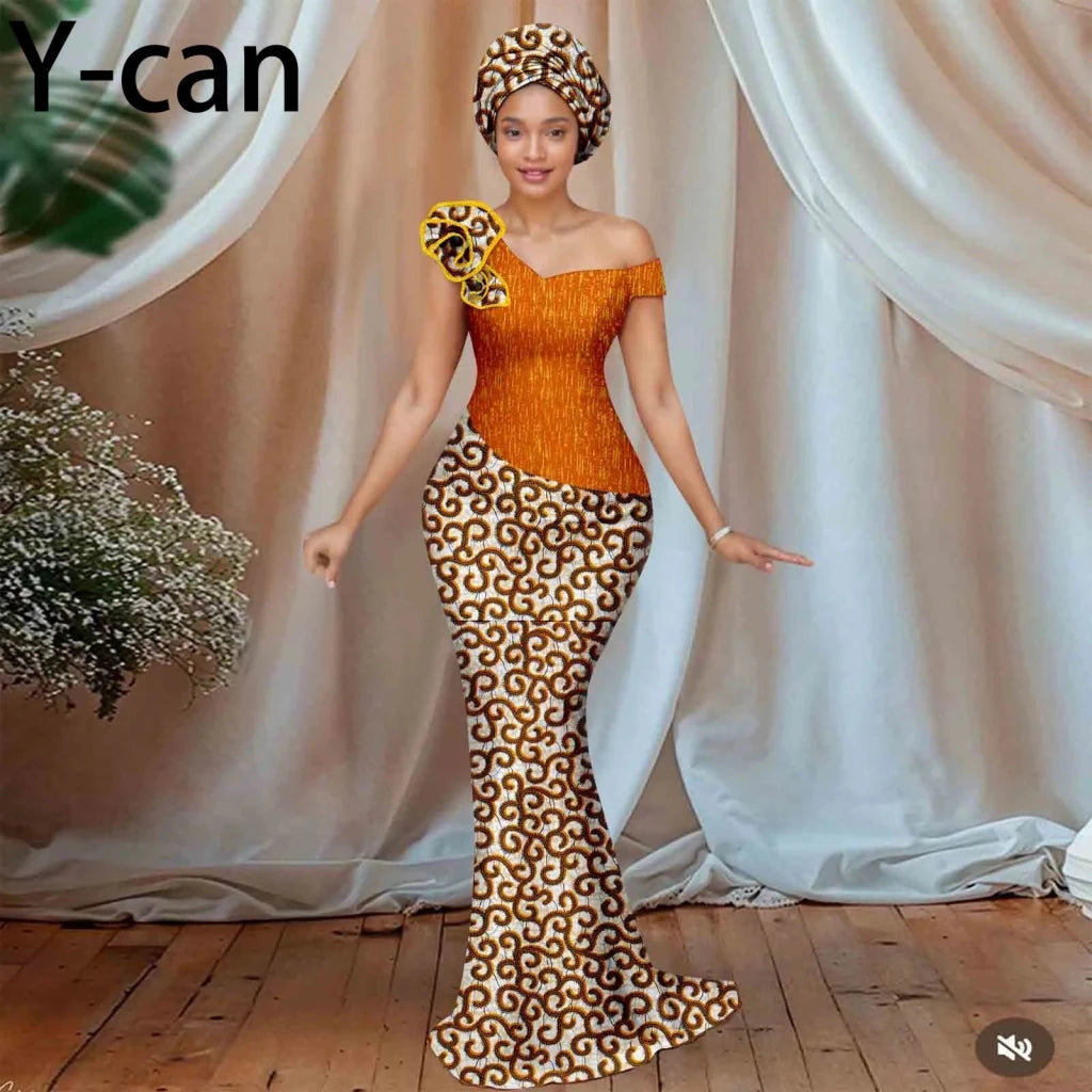 Buy Women’s African Ankara Floral Gown – One-Shoulder Sexy Dress with Matching Headscarf for only $77.22 at Flexi Africa!