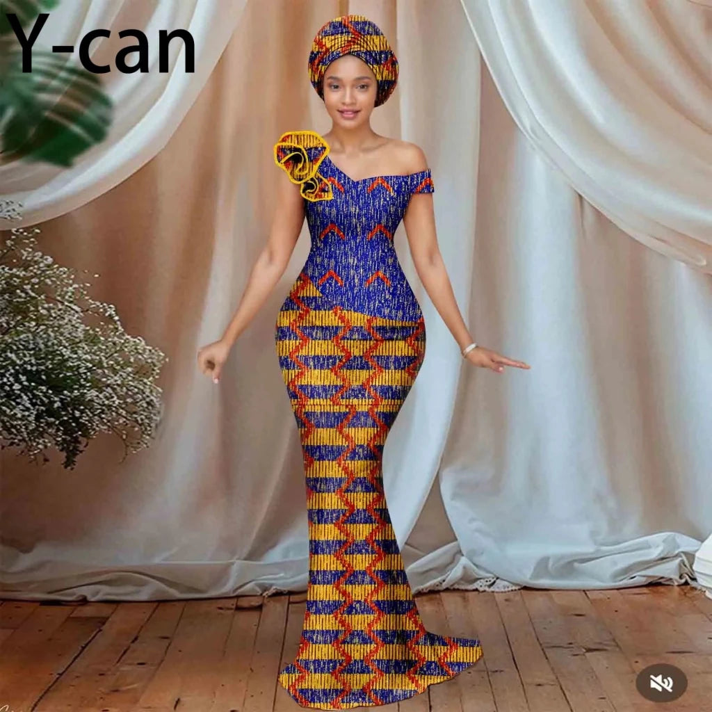 Buy Women’s African Ankara Floral Gown – One-Shoulder Sexy Dress with Matching Headscarf for only $77.22 at Flexi Africa!