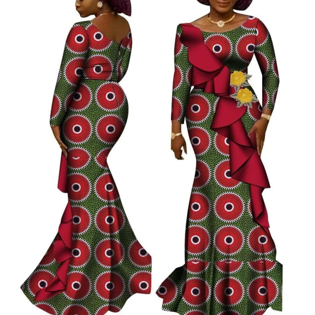 Women’s African Ankara Long Sleeve Dress – Cotton Dashiki Wedding Gown - Free Delivery Worldwide only at Flexi Africa
