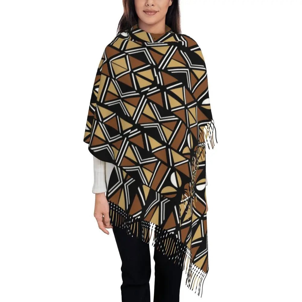 Women’s African Bogolan Tassel Shawl – Warm Tribal Art Scarf & Winter Wrap - Free Delivery Worldwide only at Flexi Africa