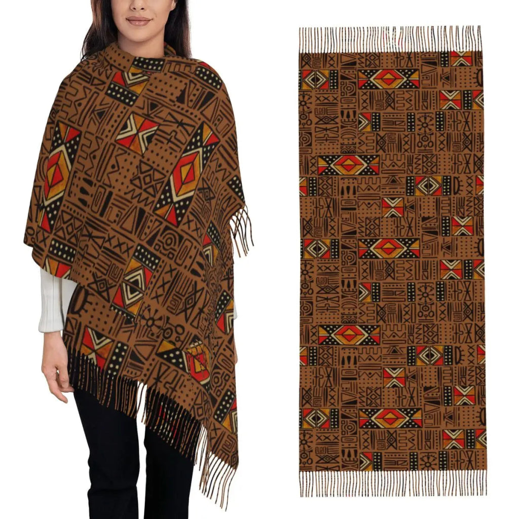Women’s African Bogolan Tassel Shawl – Warm Tribal Art Scarf & Winter Wrap - Free Delivery Worldwide only at Flexi Africa